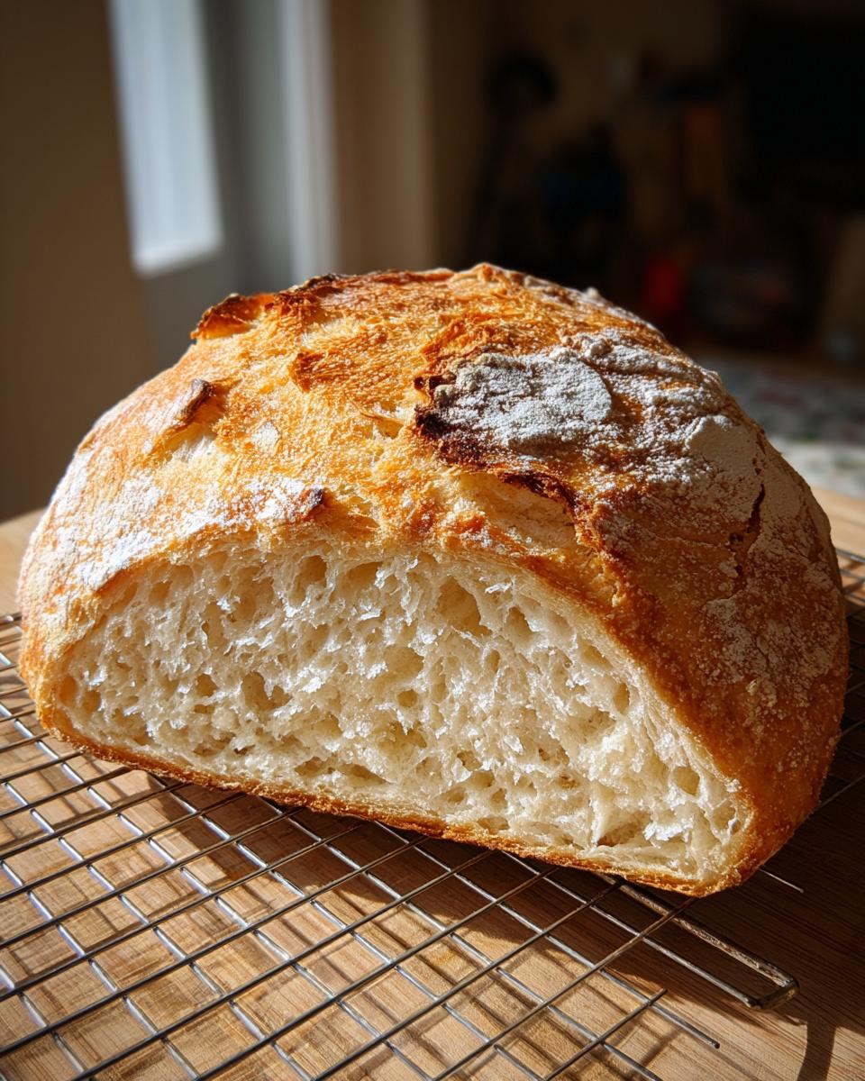 A freshly baked loaf of Italian bread, sliced open to show the airy, open crumb, resting on a cooling rack.