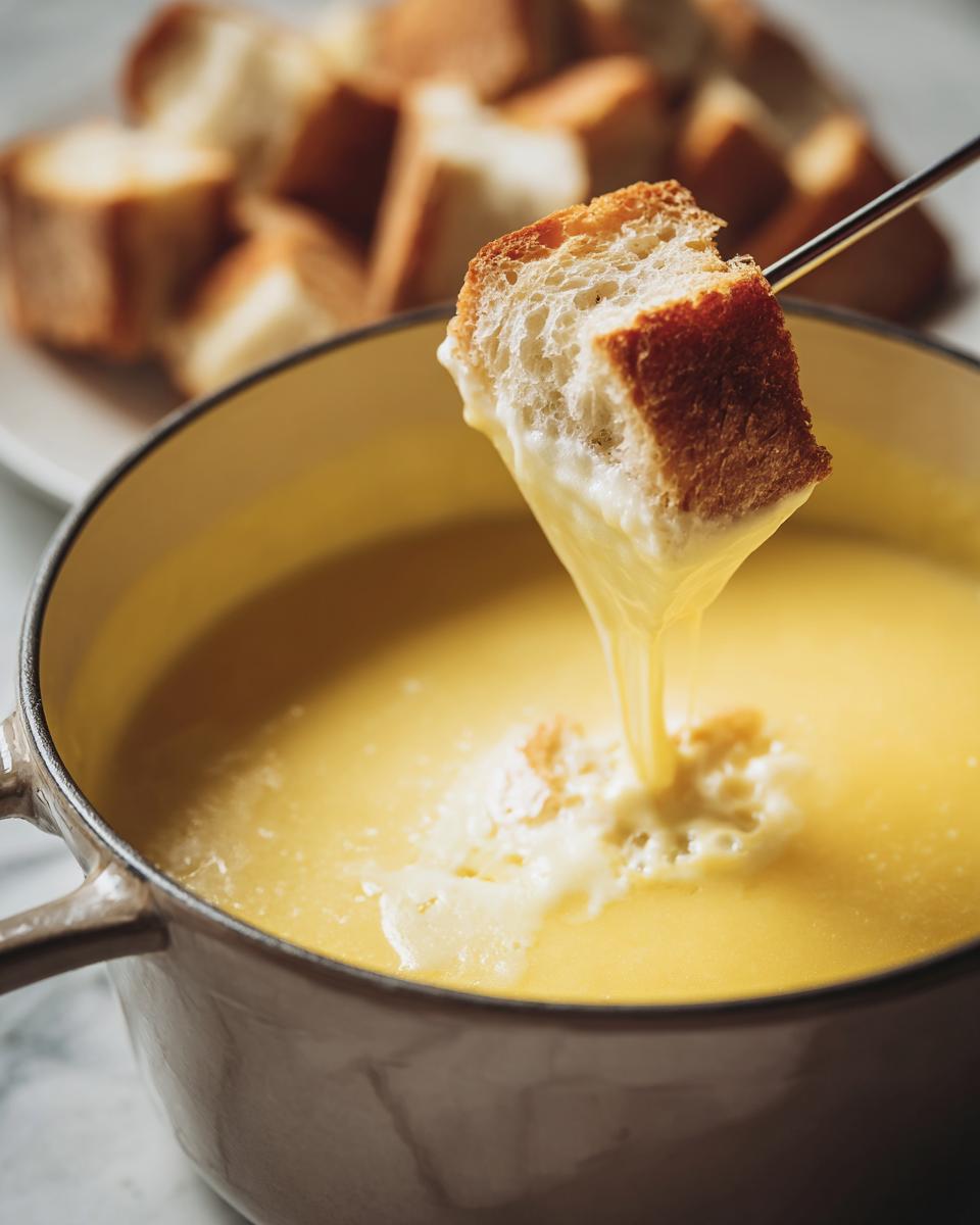 A piece of crusty bread being dipped into a pot of smooth, melted cheese fondue using a long fork.