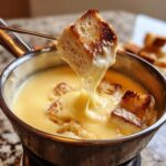 A piece of toasted bread is lifted from a pot of smooth, melted cheese Fondue, showing a long, gooey cheese pull.