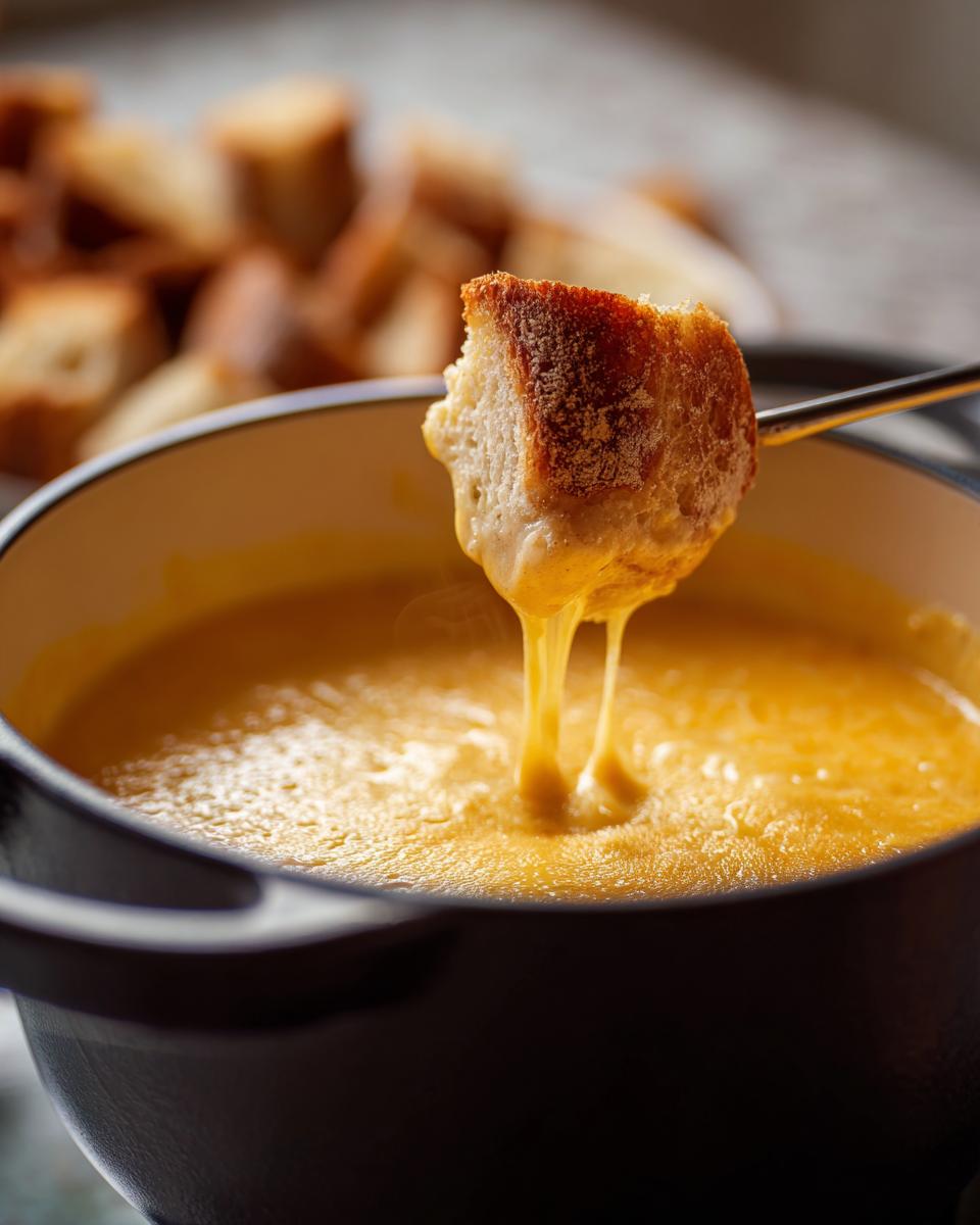 A piece of toasted bread is dipped into a pot of smooth, melted cheese fondue, showing long cheese pulls.