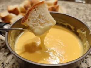 A piece of crusty bread being dipped into a pot of smooth, melted cheese fondue using a fondue fork.