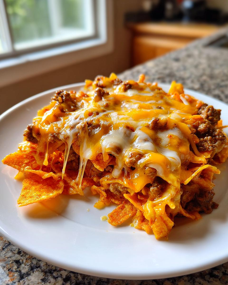 Close-up of a serving of Dorito Casserole topped with melted cheddar and Monterey Jack cheese and ground beef.