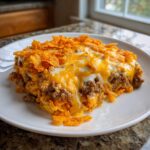 A close-up serving of Dorito Casserole topped with melted cheese and crushed chips.