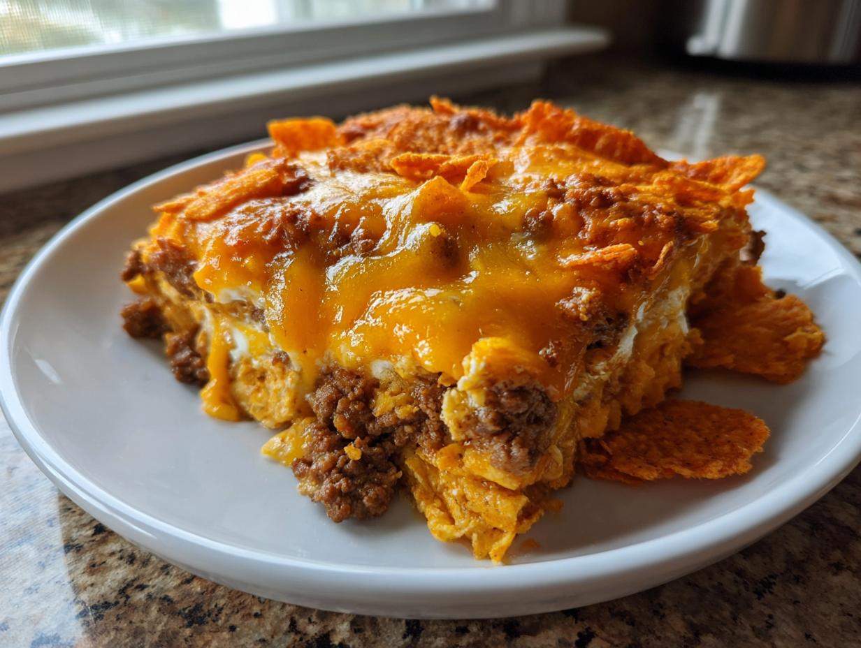 A close-up of a hearty slice of Dorito Casserole topped with melted cheddar cheese and crunchy chips.