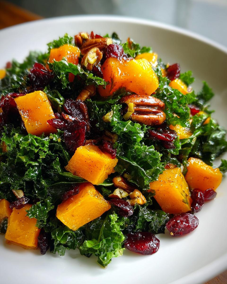 Close-up of a vibrant Fall Harvest Salad featuring dark green kale, bright orange roasted squash cubes, pecans, and dried cranberries.