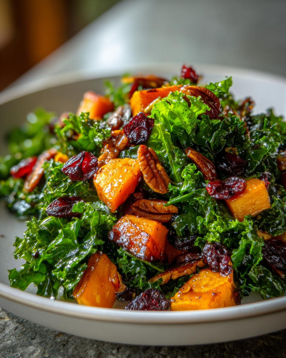 Close-up of a vibrant Fall Harvest Salad featuring bright green kale, roasted orange squash, pecans, and dried cranberries.