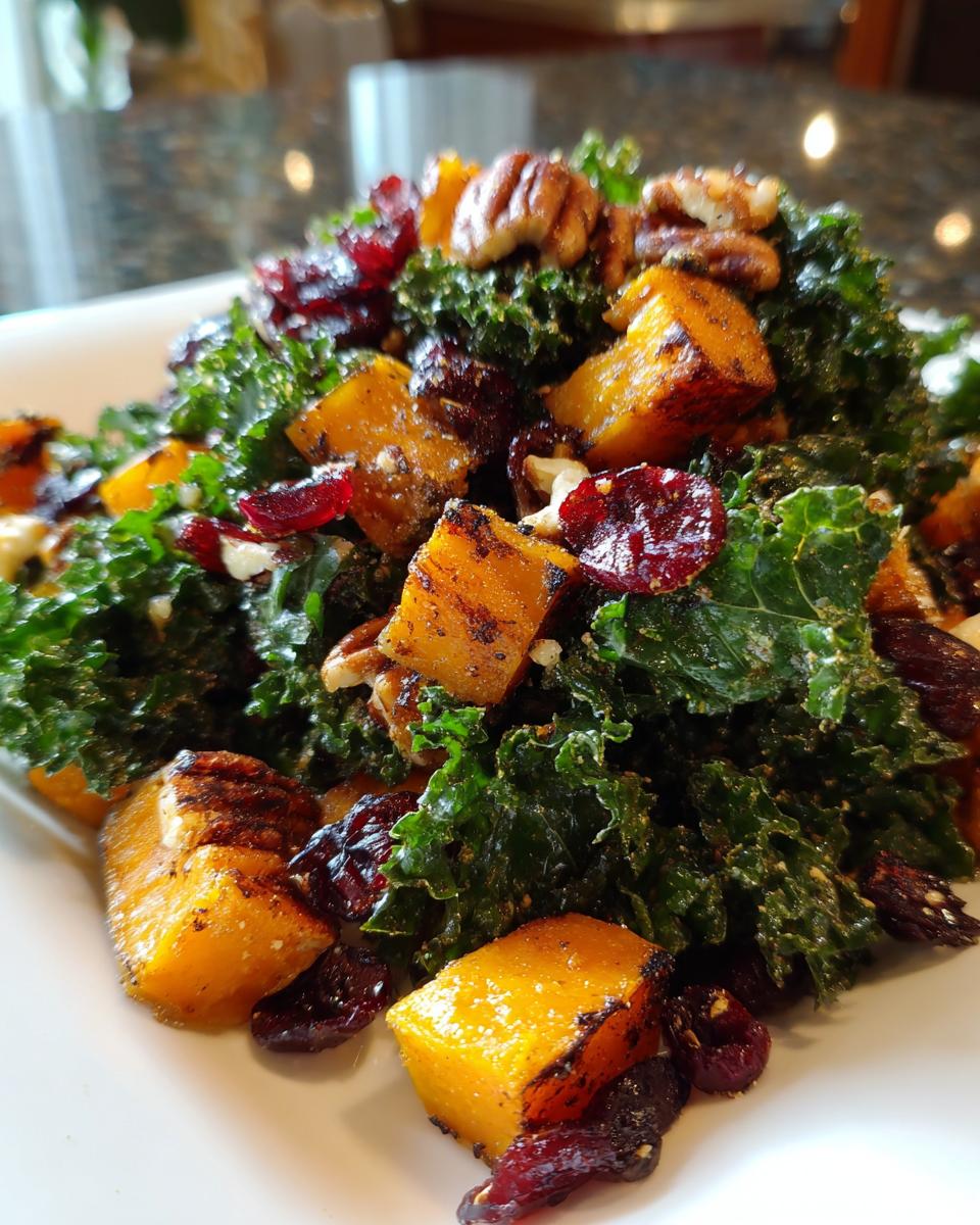 Close-up of a vibrant Fall Harvest Salad featuring kale, roasted butternut squash, dried cranberries, and pecans.