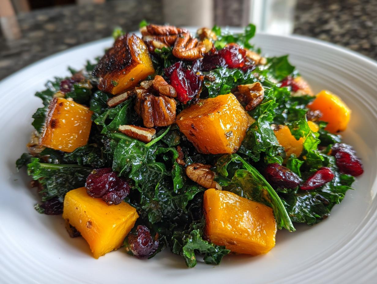 Close-up of a vibrant Fall Harvest Salad featuring dark green kale, roasted orange butternut squash cubes, pecans, and dried cranberries.