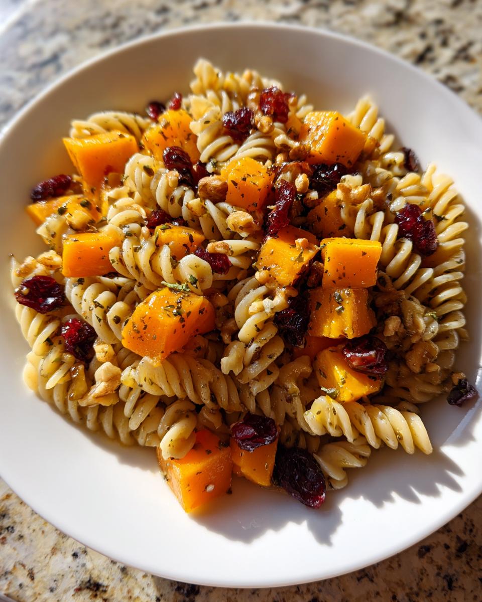 Close-up of a serving of fall pasta salad featuring rotini pasta, roasted butternut squash cubes, dried cranberries, and walnuts.
