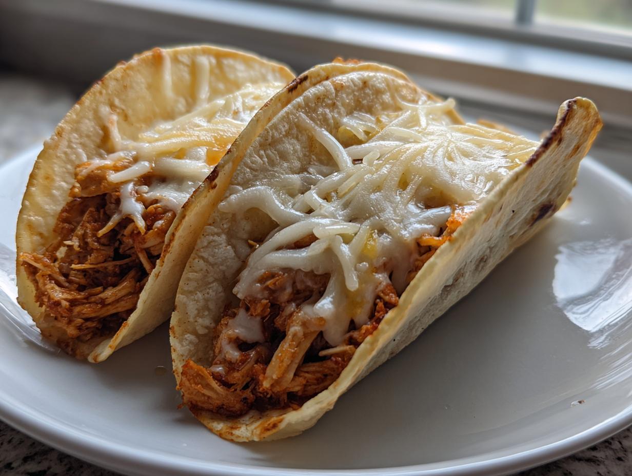 Close-up of two soft-shell chicken tacos filled with shredded, seasoned chicken and topped with melted white cheese.
