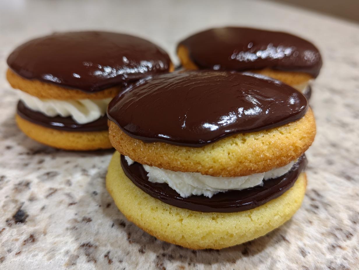 Three delicious boston cream pie cookies stacked with vanilla cream filling and topped with shiny chocolate ganache.