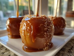 Three glossy caramel apples on sticks, one topped with crushed nuts, ready to eat.