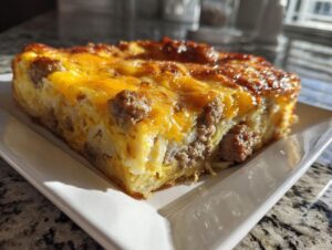 A close-up slice of savory christmas breakfast casserole featuring eggs, cheese, and sausage on a white plate.