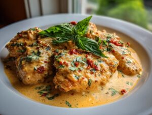 Three pieces of Marry Me Chicken smothered in a creamy, orange-hued sauce, garnished with sun-dried tomatoes and fresh basil.