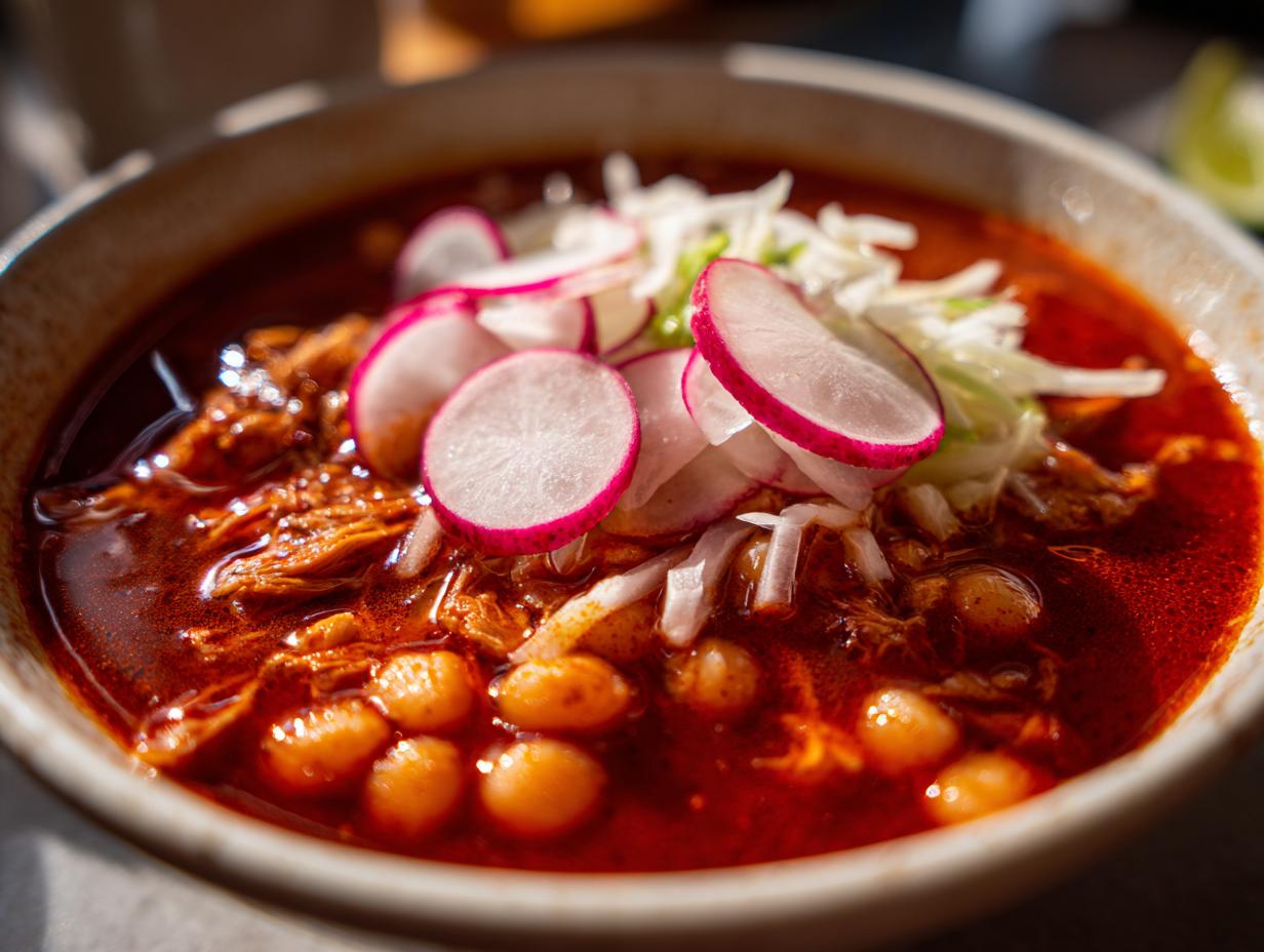 Close-up of a steaming bowl of Pozole rojo, featuring rich red broth, hominy, shredded meat, topped with sliced radishes and shredded cabbage.