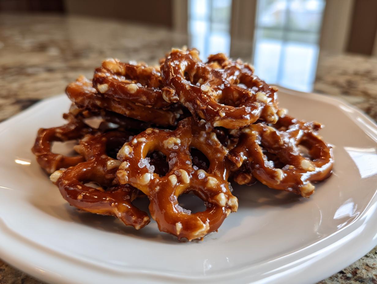 A pile of shiny, glazed toffee pretzels sprinkled with coarse salt, served on a white plate.