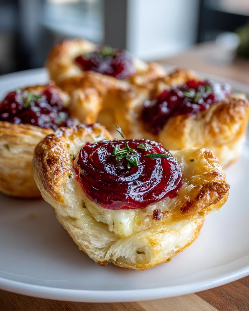 Close-up of a flaky pastry cup filled with melted brie and topped with cranberry sauce and fresh rosemary, part of the cranberry brie bites.