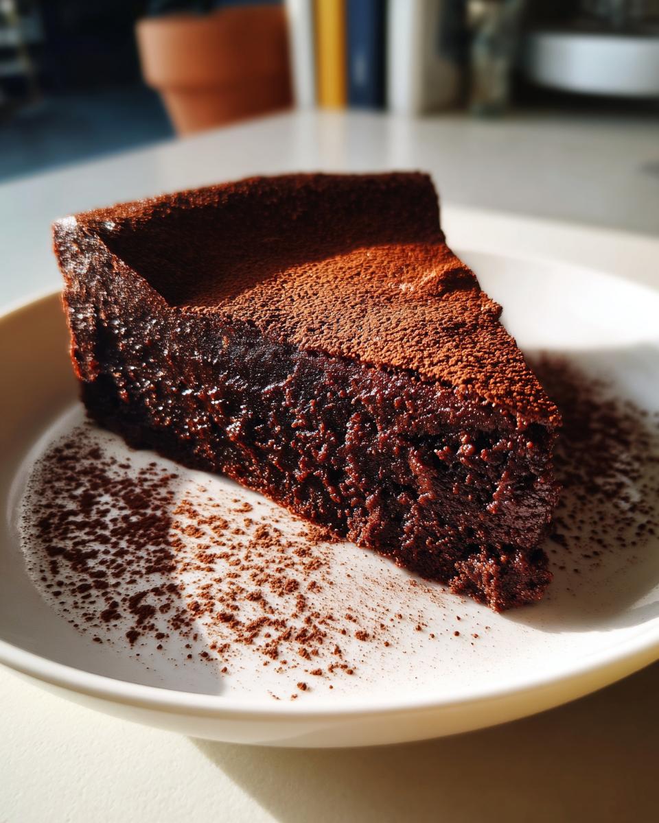 A dense, rich slice of flourless chocolate torte dusted heavily with cocoa powder, served on a white plate.