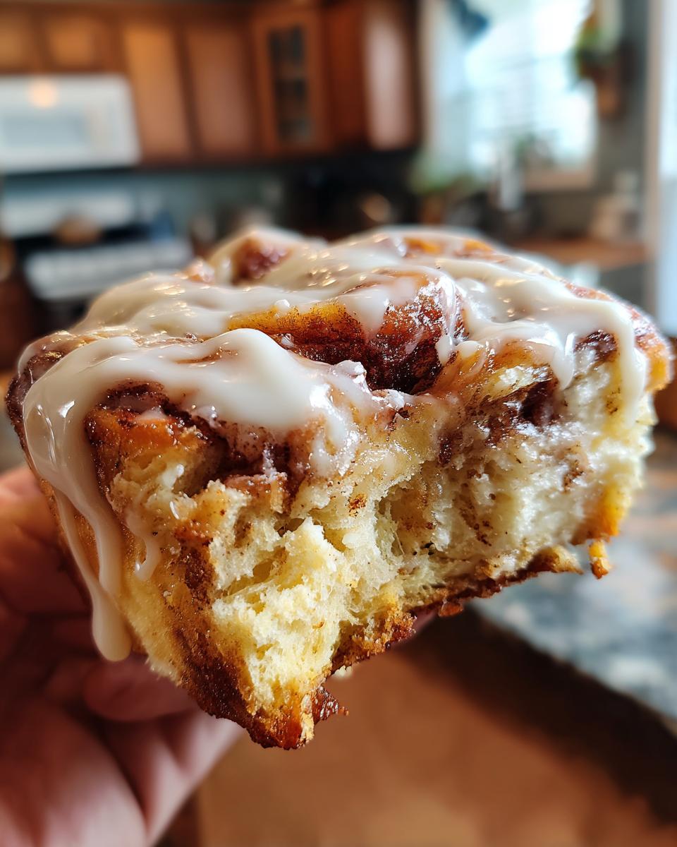 A close-up shot showing a bite taken out of a fluffy, iced cinnamon roll, highlighting the soft texture.