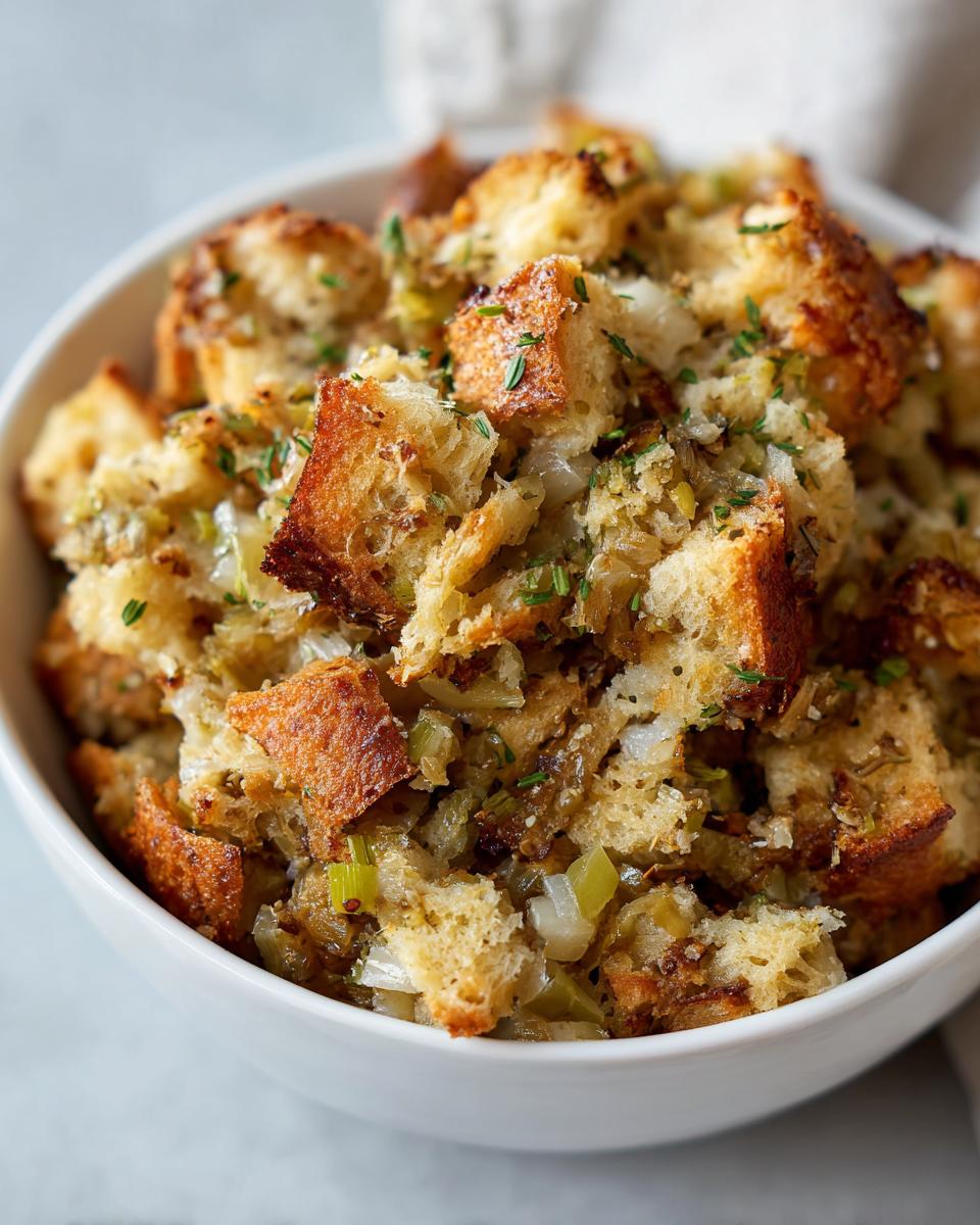Close-up of fluffy crock pot stuffing made with toasted bread cubes, celery, and herbs in a white serving bowl.