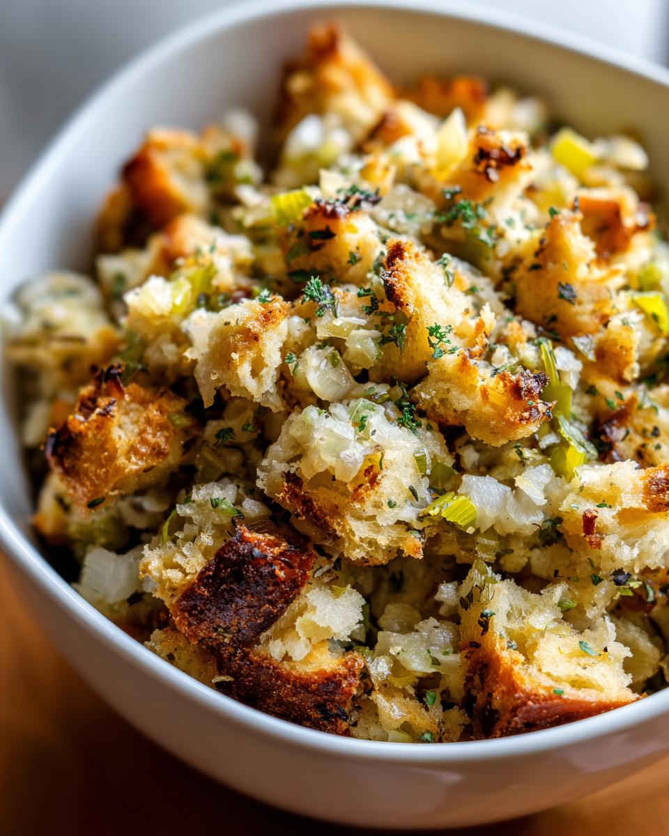 A close-up view of fluffy, savory crock pot stuffing with visible bread cubes, celery, and herbs in a white bowl.