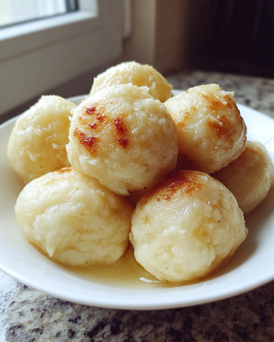 A white bowl filled with several golden, fluffy potato dumplings sitting in a light broth.