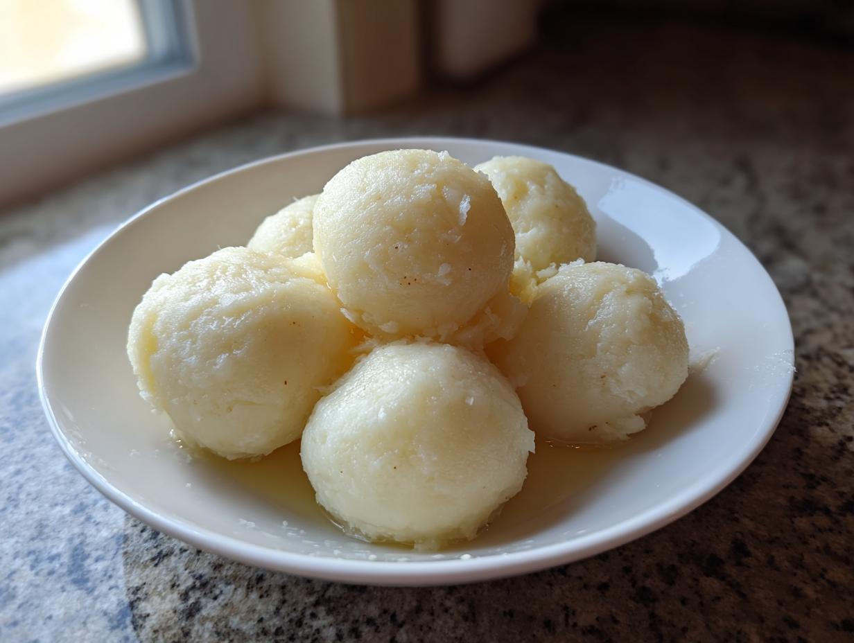 A close-up of several fluffy potato dumplings lightly coated in melted butter, served in a small white bowl.