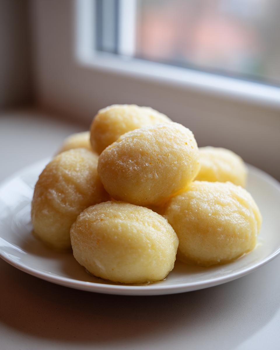 A small pile of freshly made, fluffy potato dumplings resting on a white plate near a window.