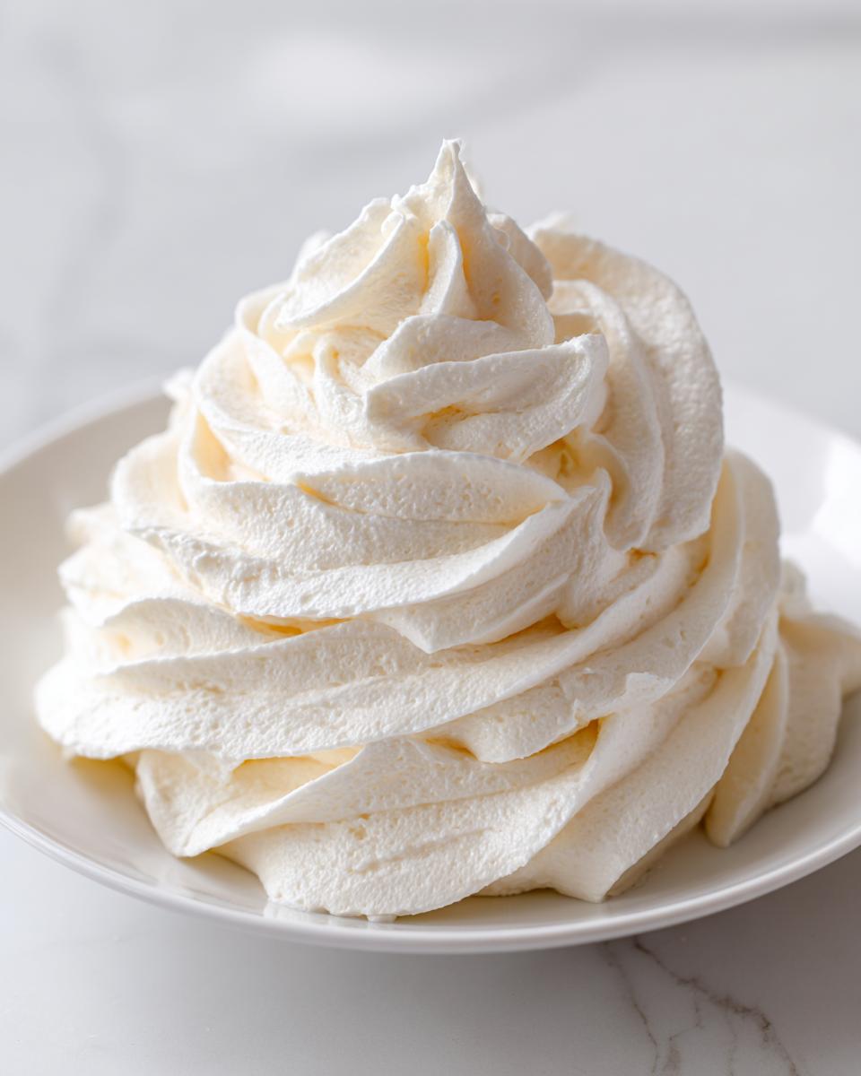 A close-up of a perfectly piped swirl of fluffy vanilla buttercream frosting on a white plate.