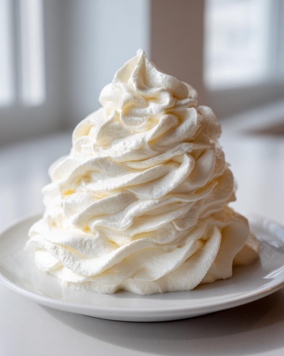 A tall, perfectly piped swirl of fluffy vanilla buttercream frosting sitting on a small white plate.
