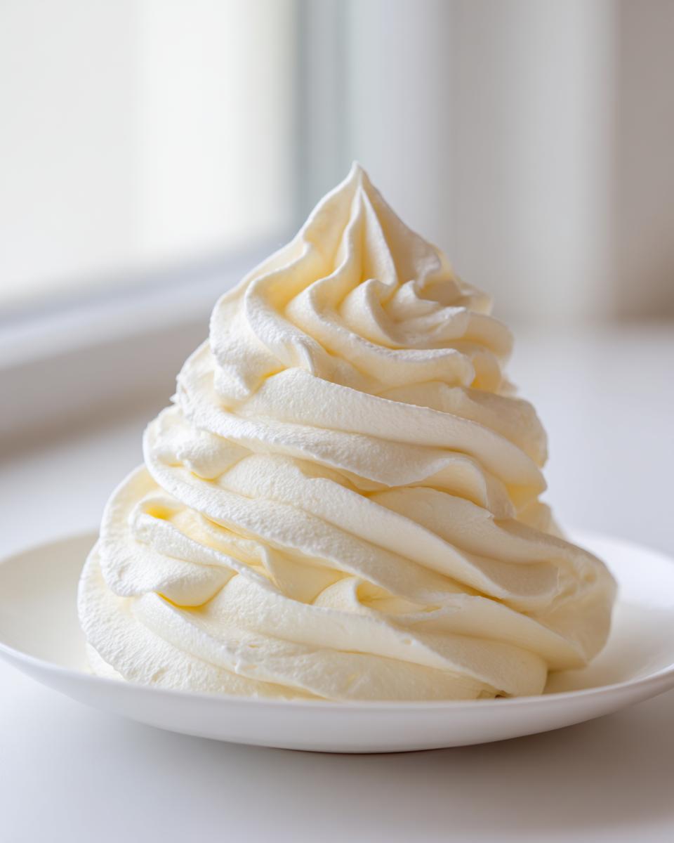 A tall, perfectly piped swirl of creamy, pale yellow vanilla buttercream frosting in a white bowl.