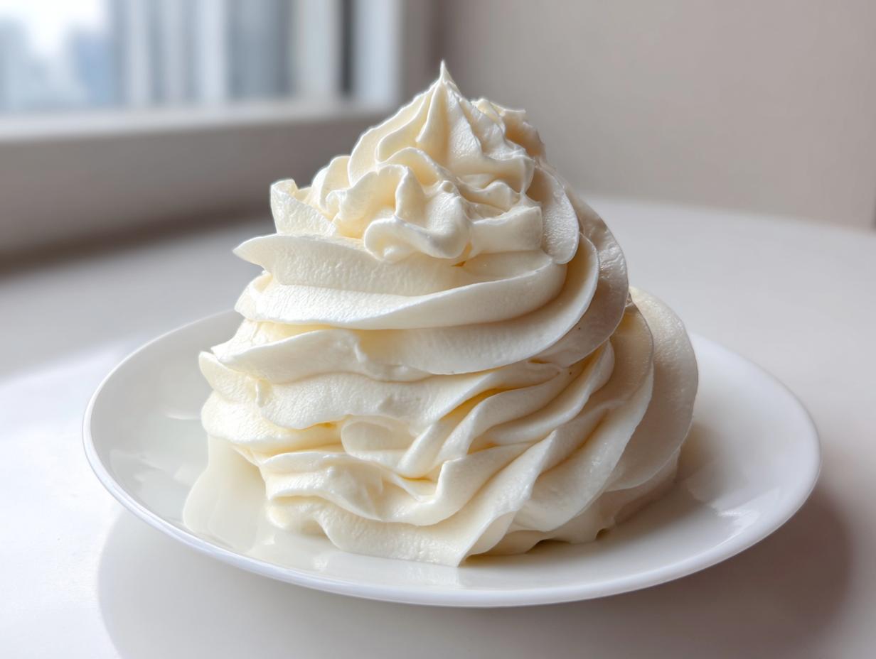 A perfect, tall swirl of fluffy vanilla buttercream frosting piped onto a small white plate.