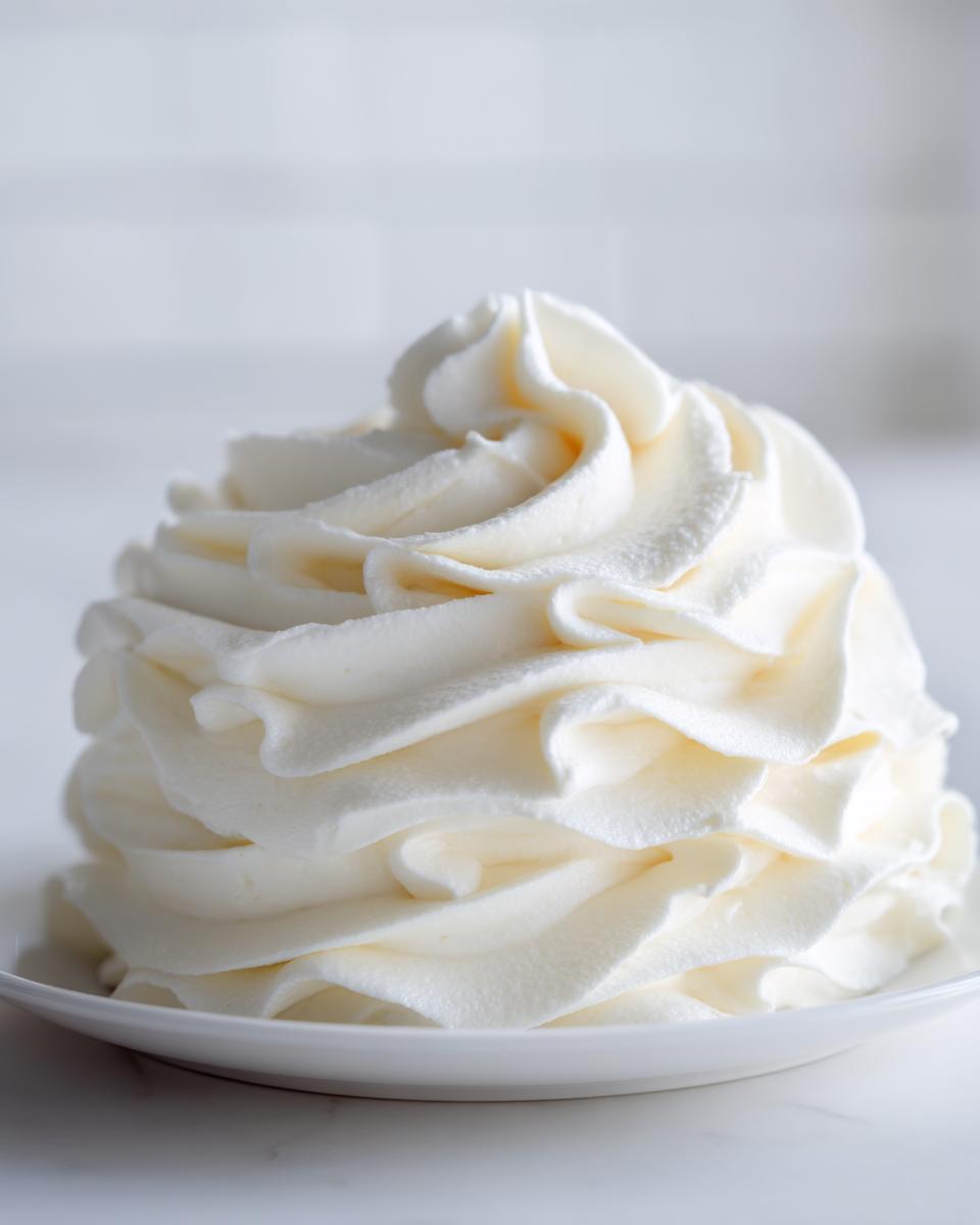 Close-up of perfectly piped, fluffy vanilla buttercream frosting in elegant swirls on a white plate.