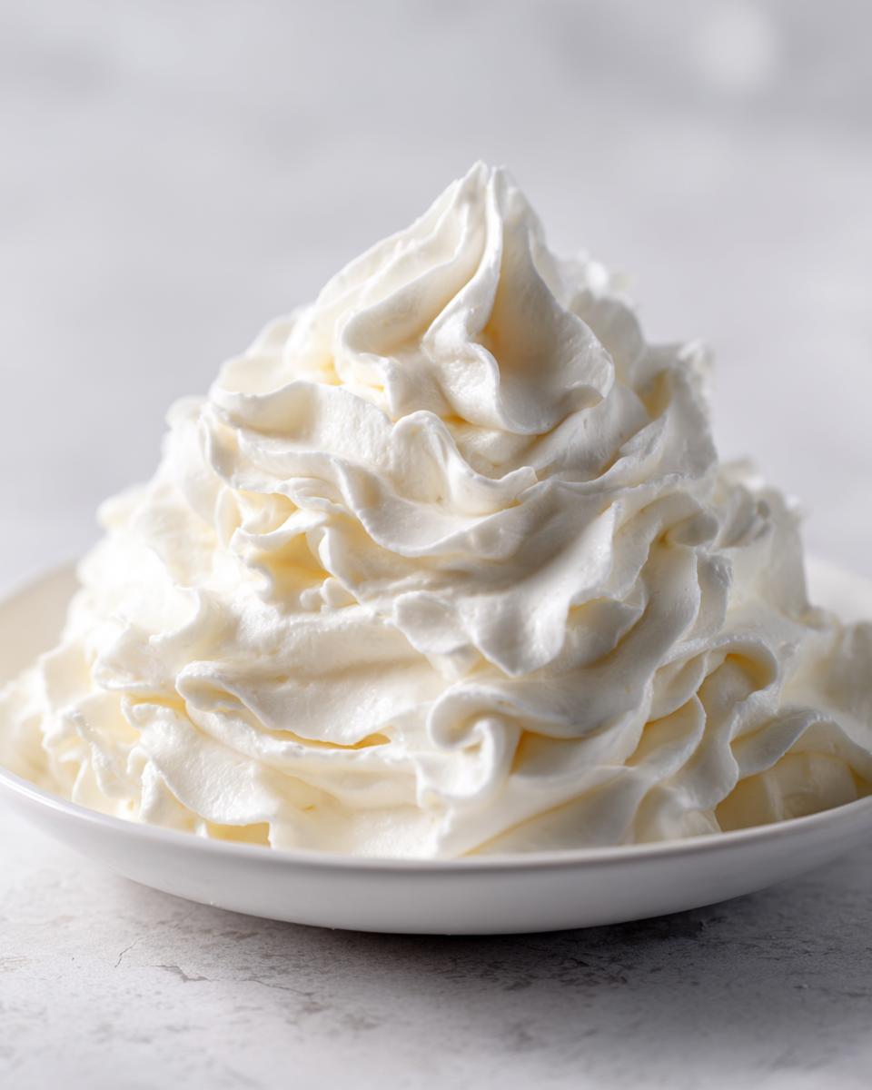 A mound of perfectly piped, fluffy white topping, resembling a rich cream cheese frosting, in a white bowl.