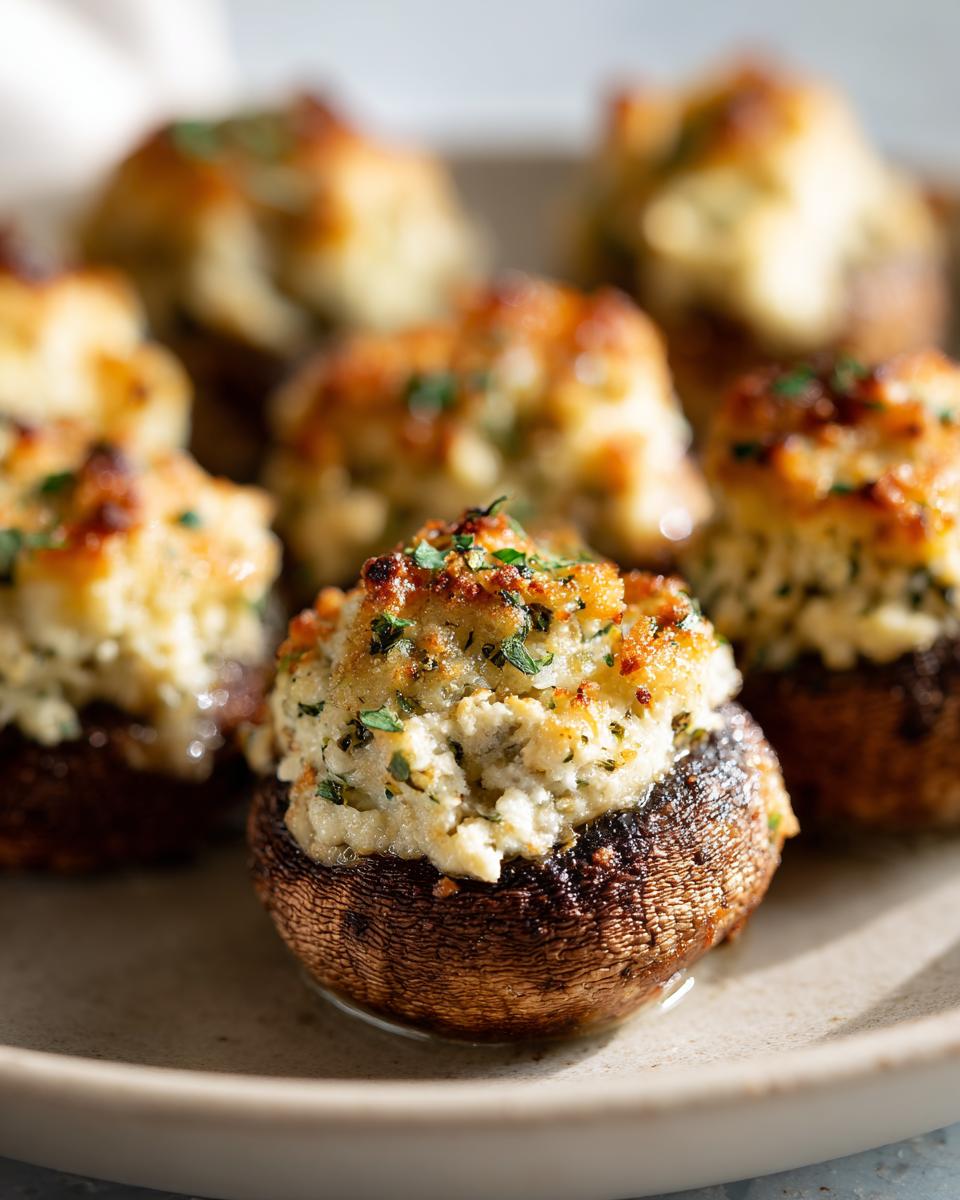 A close-up of a perfectly baked stuffed mushrooms, featuring a creamy, golden-brown topping sprinkled with herbs.