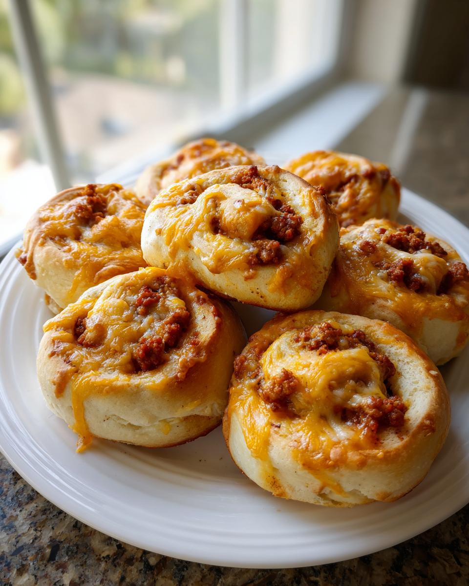 A stack of six golden-brown sausage pinwheels topped with melted cheddar cheese on a white plate.