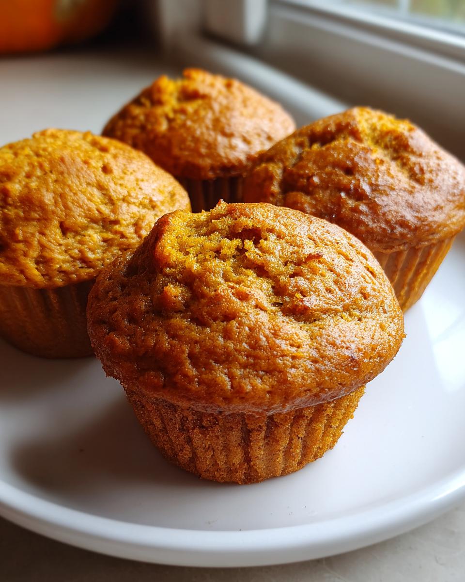 Close-up of four golden-brown sweet potato muffins resting on a white plate near a window.