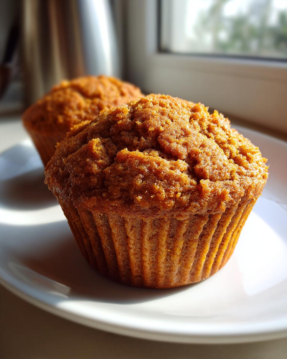 A close-up of two freshly baked, golden brown sweet potato muffins sitting on a white plate near a window.