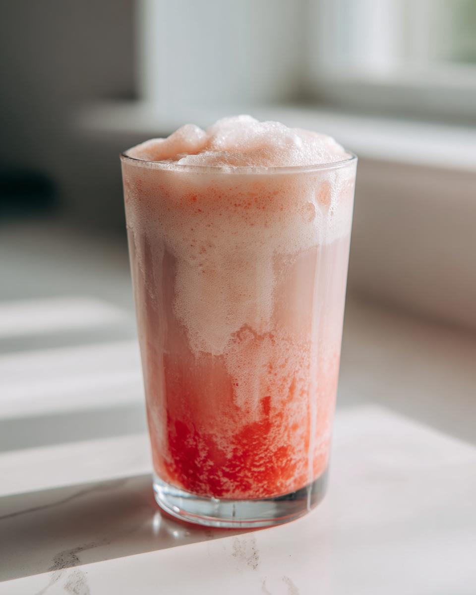 A tall glass filled with homemade strawberry milk showing a vibrant pink color and a thick layer of foam on top.