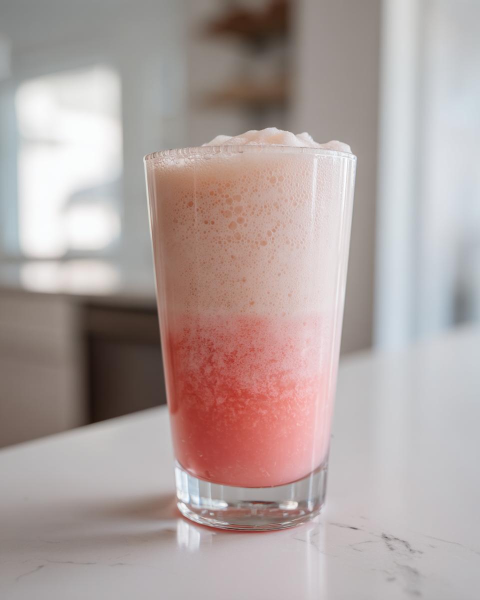A tall glass filled with layered, frothy strawberry milk resting on a white marble counter.