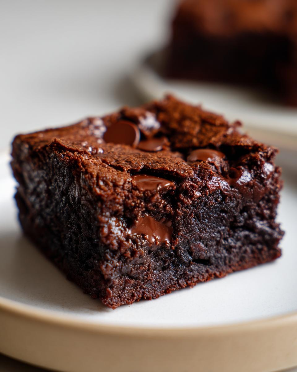 A close-up, tempting shot of a single, fudgy black bean brownies square topped with melted chocolate chips.