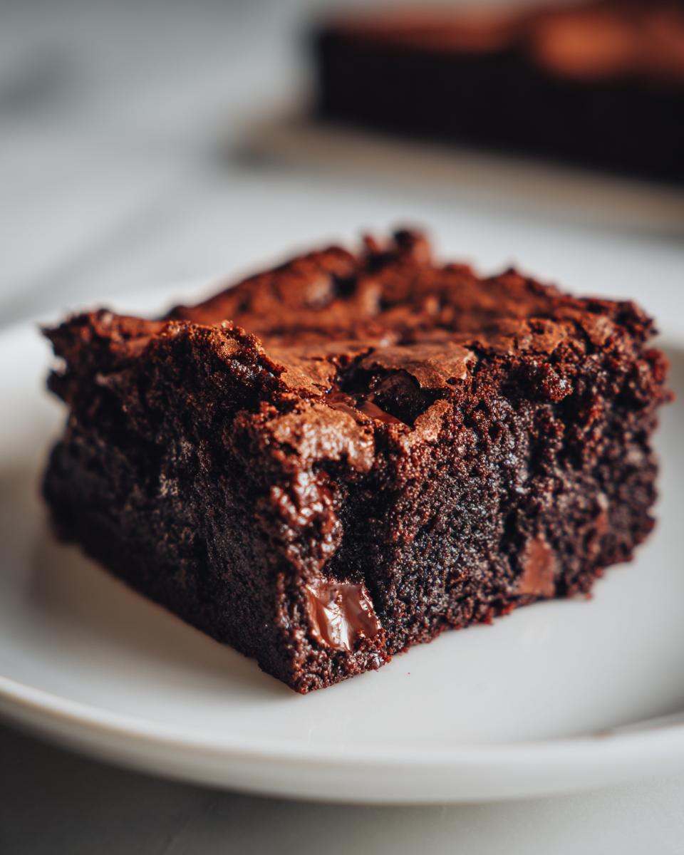 A close-up of a rich, fudgy square of black bean brownies with visible chocolate chips on a white plate.