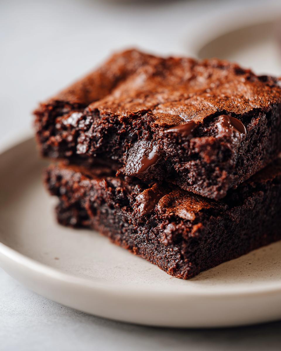 Close-up of two stacked, fudgy black bean brownies with melted chocolate chips visible.
