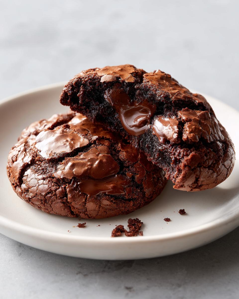 Two fudgy brownie cookies, one broken open to show the gooey, molten chocolate center.