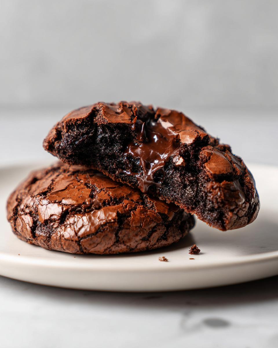 Two fudgy brownie cookies stacked, one broken open revealing a gooey, melted chocolate center.