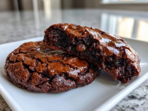 Close-up of two fudgy brownie cookies, one broken open to show the gooey interior and chocolate chips.