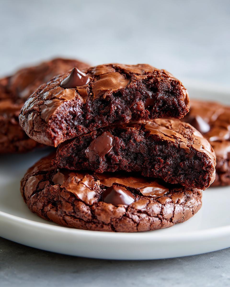 Close-up of fudgy brownie cookies stacked, one cut in half revealing the dense, moist interior.