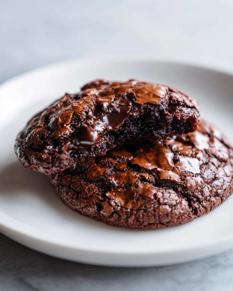 Close-up of two fudgy brownie cookies stacked, showing a gooey, molten chocolate interior.