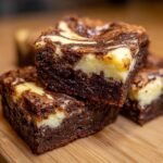 Close-up of two stacked, fudgy cream cheese brownies showing the rich dark chocolate base and white cream cheese swirl.