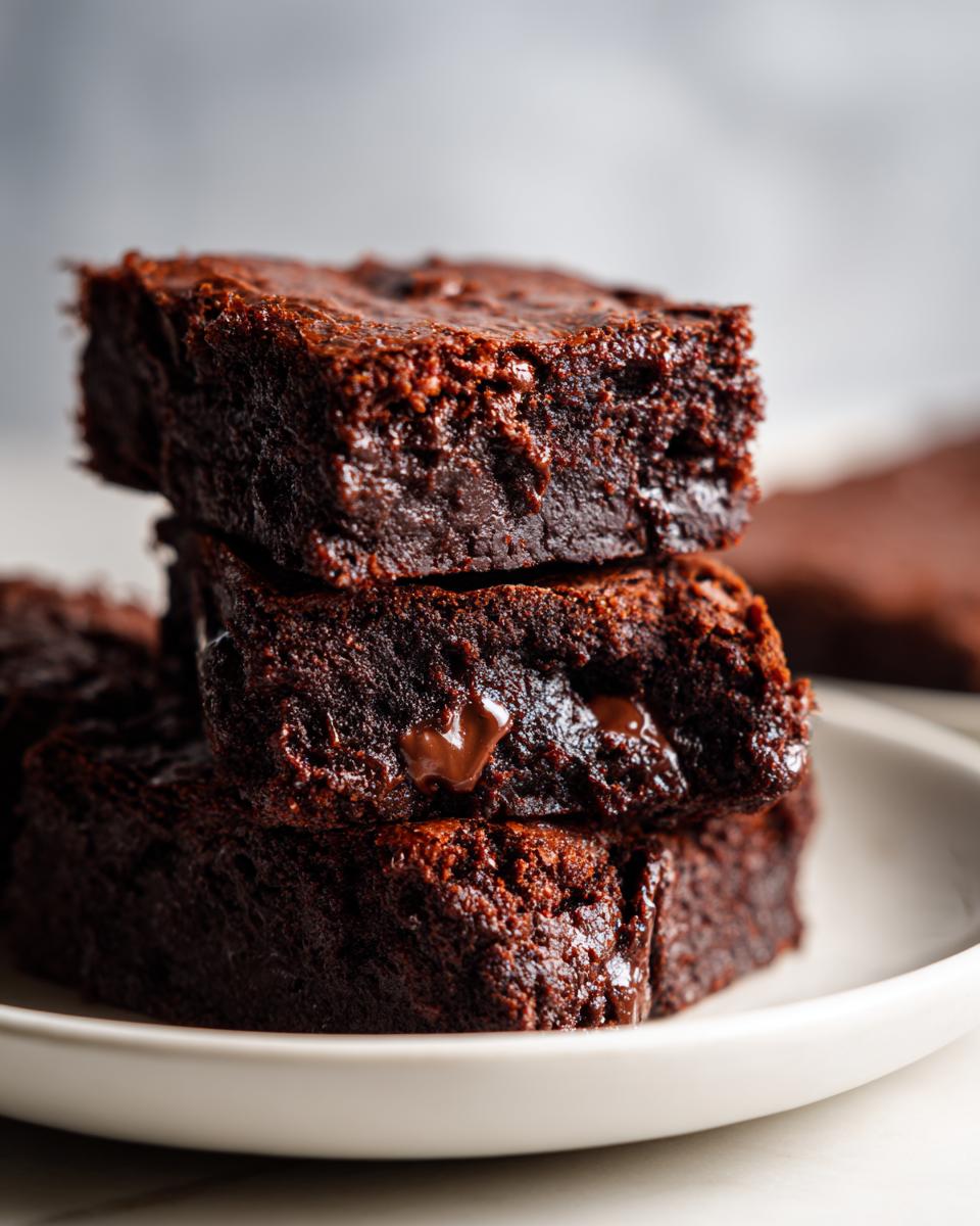 A stack of three fudgy black bean brownies on a white plate, showing melted chocolate chips inside.